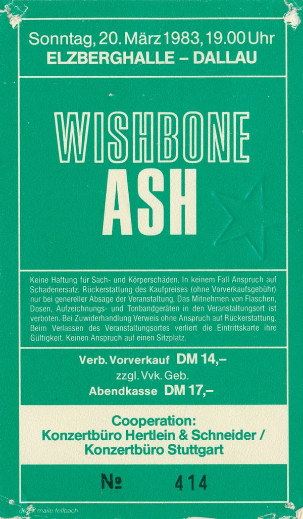 Wishbone Ash - Elzberghalle, Dallau, March 20, 1983 [Germany] - Ticket Stub