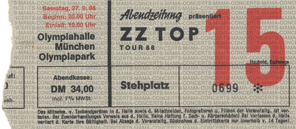 ZZ Top - Olympiahalle, Munich, September 27, 1986 [Germany] - Ticket Stub