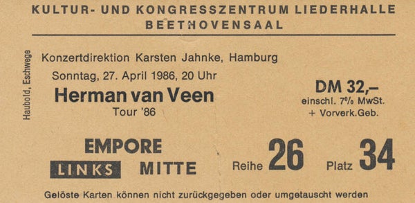 Herman Van Veen - Kultur- und Kongresszentrum Liederhalle, Stuttgart, April 27, 1986 [Germany] - Ticket Stub