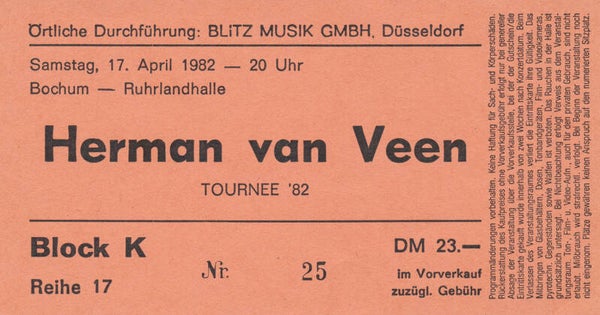Herman Van Veen - Ruhrlandhalle, Bochum, April 17, 1982 [Germany] - Ticket Stub
