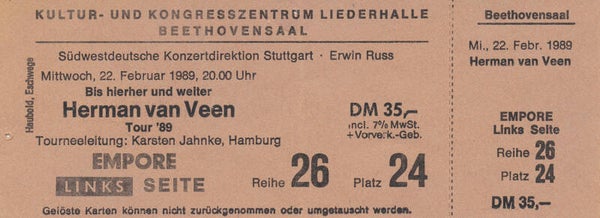 Herman Van Veen - Kultur- und Kongresszentrum Liederhalle, Stuttgart, February 22, 1989 [Germany] - Ticket Stub