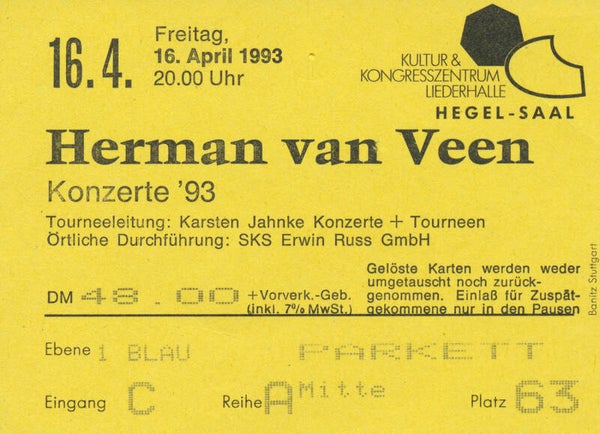 Herman Van Veen - Kultur- und Kongresszentrum Liederhalle, Stuttgart, April 16, 1993 [Germany] - Ticket Stub