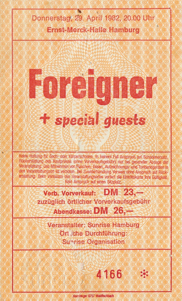 Foreigner - Ernst-Merck-Halle, Hamburg, April 29, 1982 [Germany] - Ticket Stub