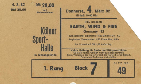 Earth, Wind & Fire - Sporthalle, Cologne, March 4, 1982 [Germany] - Ticket Stub