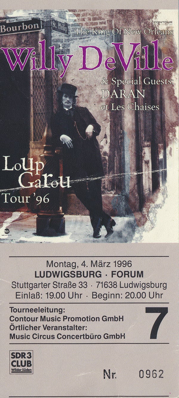 Willy DeVille - Forum, Ludwigsburg, March 4, 1996 [Germany] - Ticket Stub