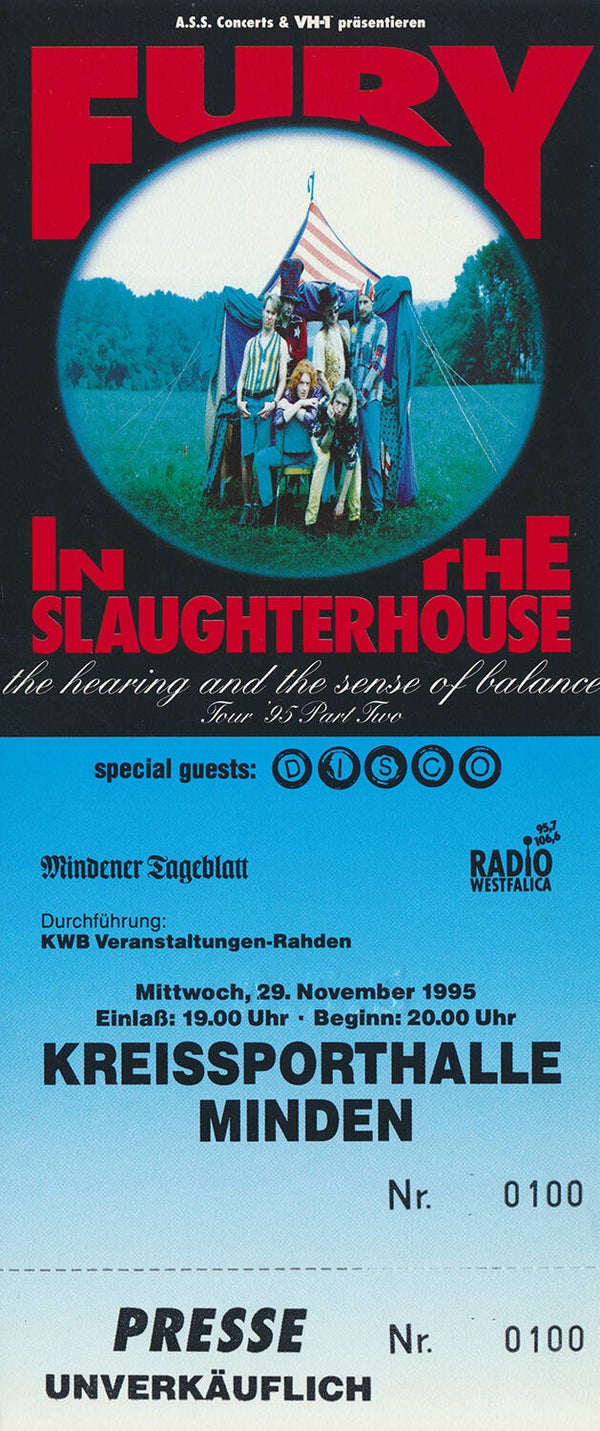 Fury In The Slaughterhouse - Kreissporthalle, Minden, November 29, 1995 [Germany] - Ticket Stub