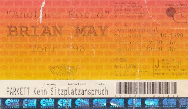 Brian May (Queen) - Kultur- und Kongresszentrum Liederhalle, Stuttgart, October 7, 1998 [Germany] - Ticket Stub