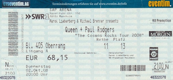 Queen + Paul Rodgers - SAP Arena, Mannheim, October 2, 2008 [Germany] - Ticket Stub