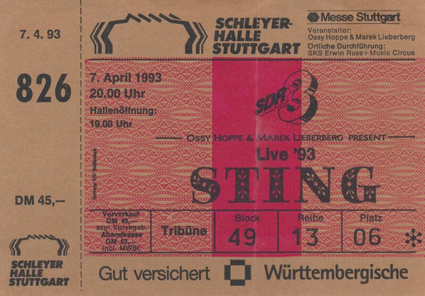 Sting - Schleyerhalle, Stuttgart, April 7, 1993 [Germany] - Ticket Stub