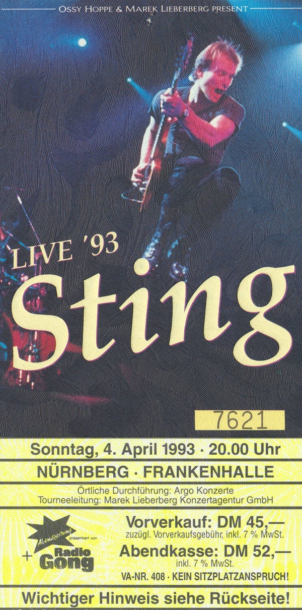 Sting - Frankenhalle, Nürnberg, April 4, 1993 [Germany] - Ticket Stub