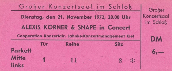 Alexis Korner - Grosser Konzertsaal im Schloss, Kiel, November 21, 1972 [Germany] - Ticket Stub