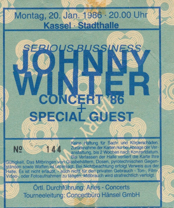Johnny Winter - Stadthalle, Kassel, January 20, 1986 [Germany] - Ticket Stub