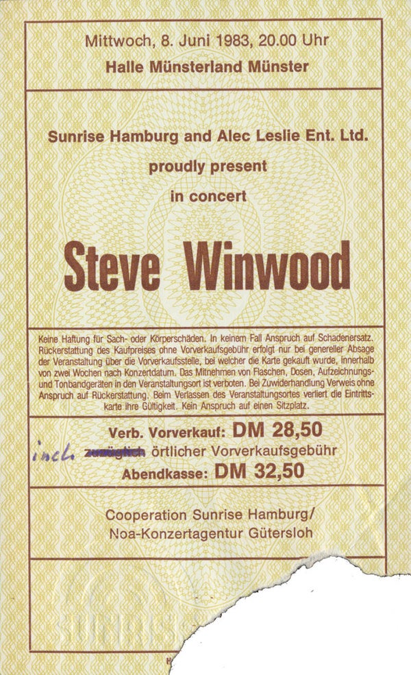 Steve Winwood - Halle Münsterland, Münster, June 8, 1983 [Germany] - Ticket Stub