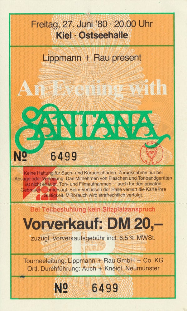 Santana - Ostseehalle, Kiel, June 27, 1980 [Germany] - Ticket Stub