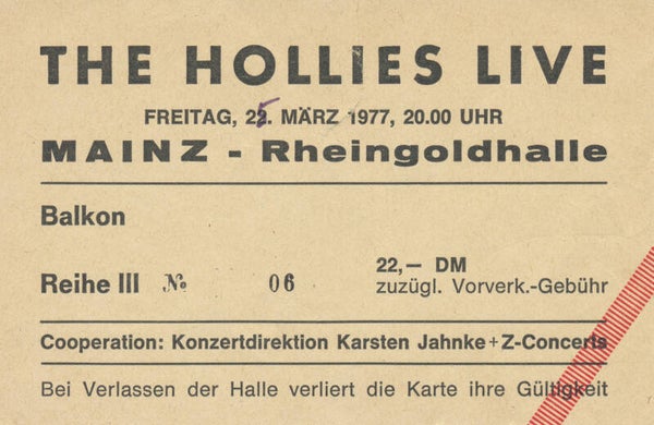 The Hollies - Rheingoldhalle, Mainz, March 25, 1977 [Germany] - Ticket Stub