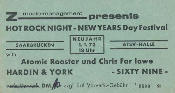 Atomic Rooster - Chris Farlowe - Hardin & York - ATSV-Halle, Saarbrücken, January 1, 1973 [Germany] - Ticket Stub
