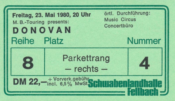 Donovan - Schwabenlandhalle, Fellbach, May 23, 1980 [Germany] - Ticket Stub