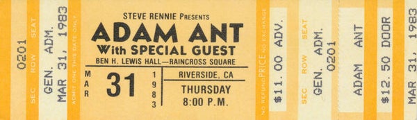 Adam Ant - Ben H. Lewis Hall, Riverside, March 31, 1983 [USA] - Ticket Stub