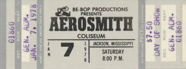 Aerosmith - Coliseum, Jackson, January 7, 1978 [day of show] [USA] - Ticket Stub