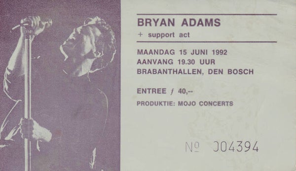 Bryan Adams - Brabanthallen, Den Bosch, June 15, 1992 [Holland] - Ticket Stub
