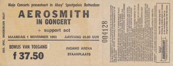 Aerosmith - Sportpaleis Ahoy', Rotterdam, November 1, 1993 [Holland] - Ticket Stub