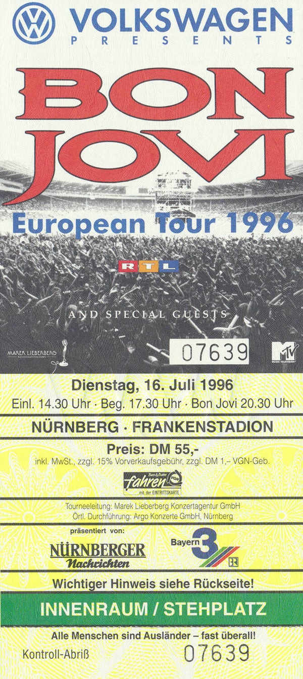 Bon Jovi - Frankenstadion, Nürnberg, July 16, 1996 [Germany] - Ticket Stub