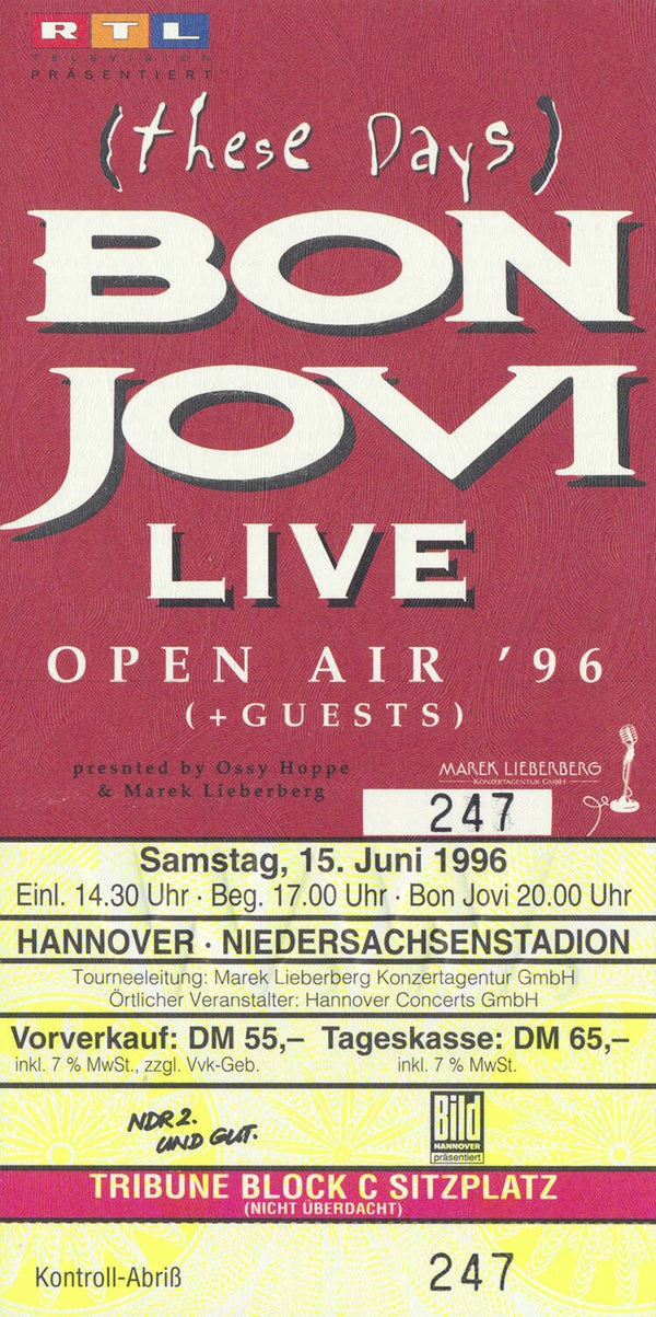 Bon Jovi - Niedersachsenstadion, Hannover, June 1996 [Germany] - Ticket Stub