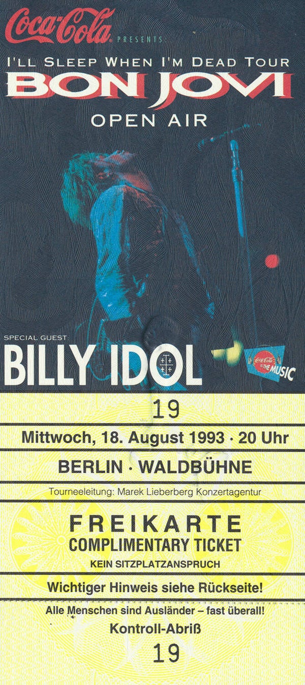 Bon Jovi - Waldbühne, Berlin, August 19, 1993 [Germany] - Ticket Stub