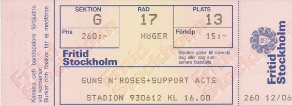 Guns N' Roses - Fritid, Stockholm, June 12, 1993 [Sweden] - Ticket Stub