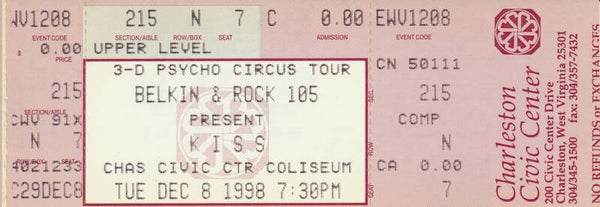 Kiss - Civic Center, Charleston, December 8, 1998 [USA] - Ticket Stub