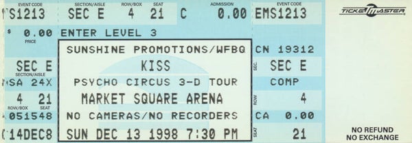 Kiss - Market Square Arena, Indianapolis, December 13, 1998 [USA] - Ticket Stub