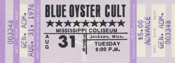 Blue Oyster Cult - Mississippi Coliseum, Jackson, August 31, 1976 [advance] [USA] - Ticket Stub
