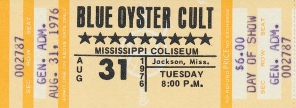 Blue Oyster Cult - Mississippi Coliseum, Jackson, August 31, 1976 [day of show] [USA] - Ticket Stub