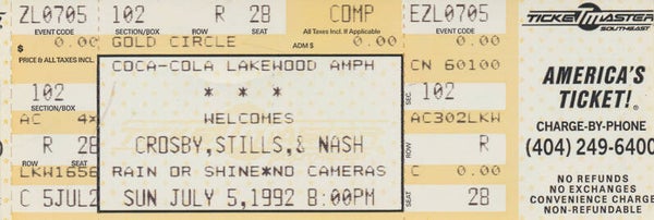 Crosby, Stills & Nash - Coca-Cola Lakewood Amphitheatre, Atlanta, July 5, 1992 [USA] - Ticket Stub
