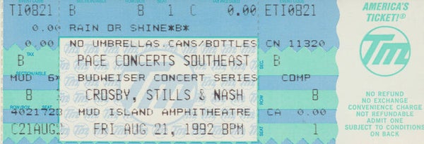 Crosby, Stills & Nash - Mud Island Amphitheater, Memphis, August 21, 1992 [USA] - Ticket Stub