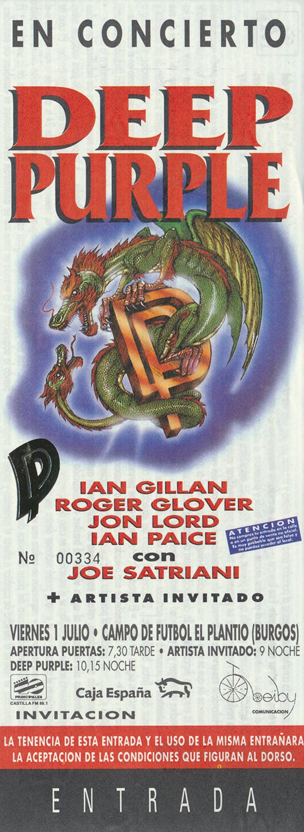 Deep Purple - Joe Satriani - Campo de Futbol El Plantio, Burgos, July 1, 1994 [Spain] - Ticket Stub