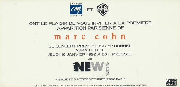 Marc Cohn - New Morning, Paris, January 16, 1992 [France] - Ticket Stub