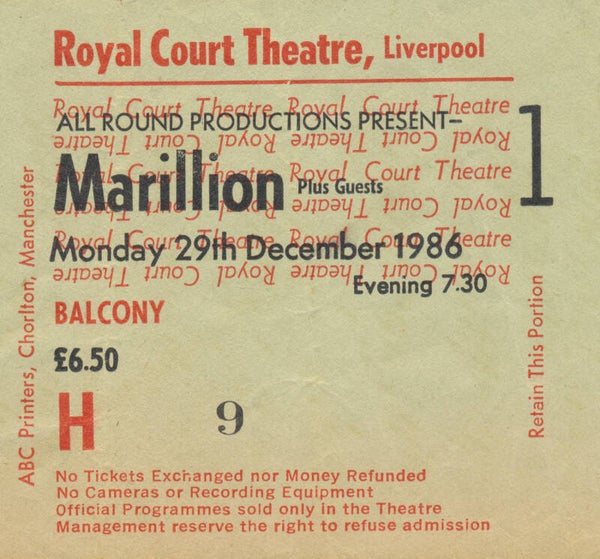 Marillion - Royal Court Theatre, Liverpool, December 29, 1986 [UK] - Ticket Stub