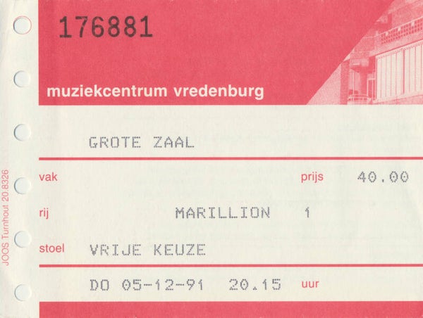 Marillion - Muziekcentrum Vredenburg, Utrecht, December 5, 1991 [Holland] - Ticket Stub