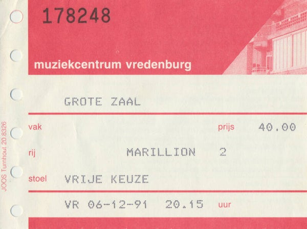 Marillion - Muziekcentrum Vredenburg, Utrecht, December 6, 1991 [Holland] - Ticket Stub
