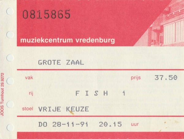 Fish (Marillion) - Muziekcentrum Vredenburg, Utrecht, November 28, 1991 [Holland] - Ticket Stub