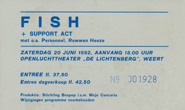 Fish (Marillion) - Rowwen Hèze - Openluchttheater De Lichtenberg, Weert, June 20, 1992 [Holland] - Ticket Stub