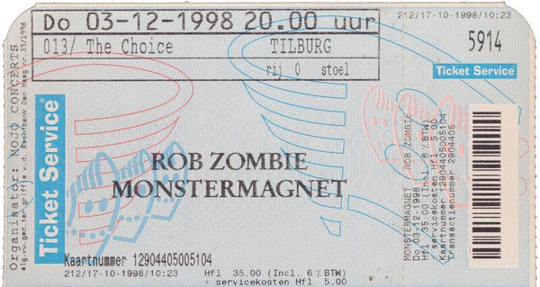 Monster Magnet - Rob Zombie - 013, Tilburg, December 3, 1998 [Holland] - Ticket Stub