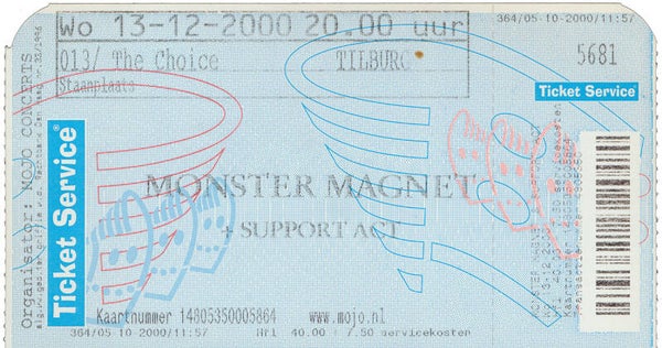 Monster Magnet - 013, Tilburg, December 13, 2000 [Holland] - Ticket Stub