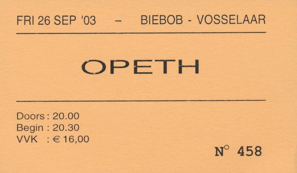 Opeth - Biebop, Vosselaar, September 26, 2003 [Belgium] - Ticket Stub