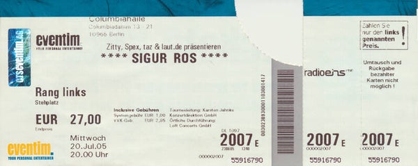 Sigur Ros - Columbiahalle, Berlin, July 20, 2005 [Germany] - Ticket Stub