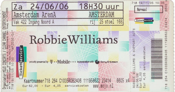 Robbie Williams - ArenA, Amsterdam, June 24, 2006 [Holland] - Ticket Stub