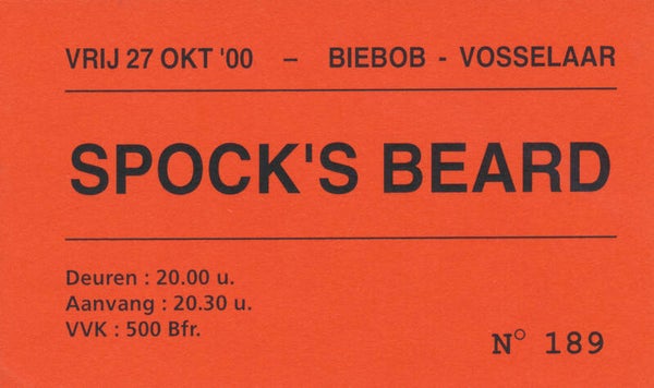 Spock's Beard - Biebob, Vosselaar, October 27, 2000 [Belgium] - Ticket Stub