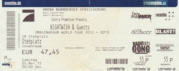 Nightwish - Arena Nürnberger Versicherung, Nürnberg, May 5, 2012 [Germany] - Ticket Stub