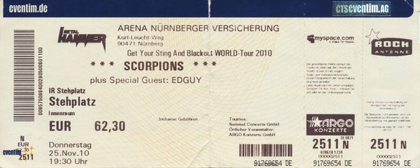 Scorpions - Arena Nürnberger Versicherung, Nürnberg, November 25, 2010 [Germany] - Ticket Stub